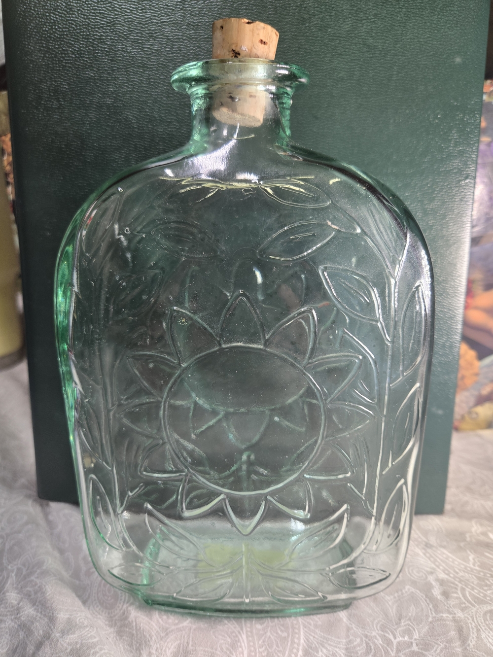 Vintage Green Embossed Glass Sunflower Flask